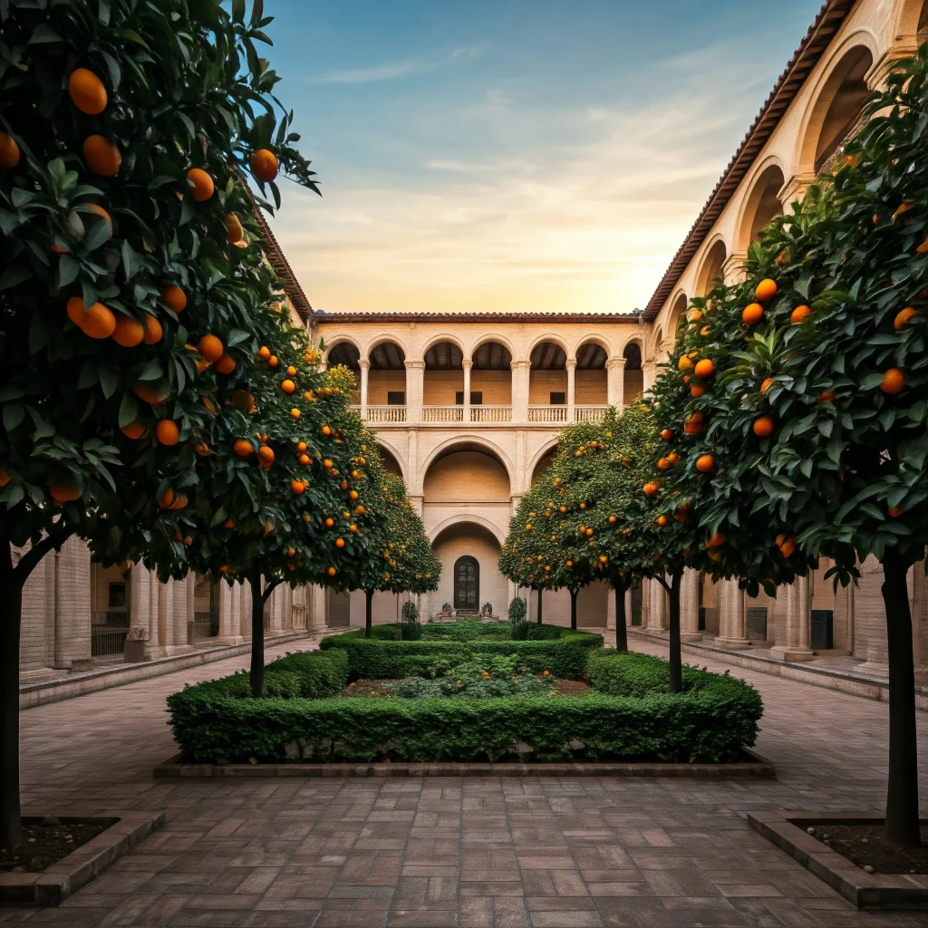 A grand courtyard with a stunning, sunken garden overflowing with lush orange trees, shot from a low angle, bathed in the warm glow of the setting sun, with a bokeh effect in the background.