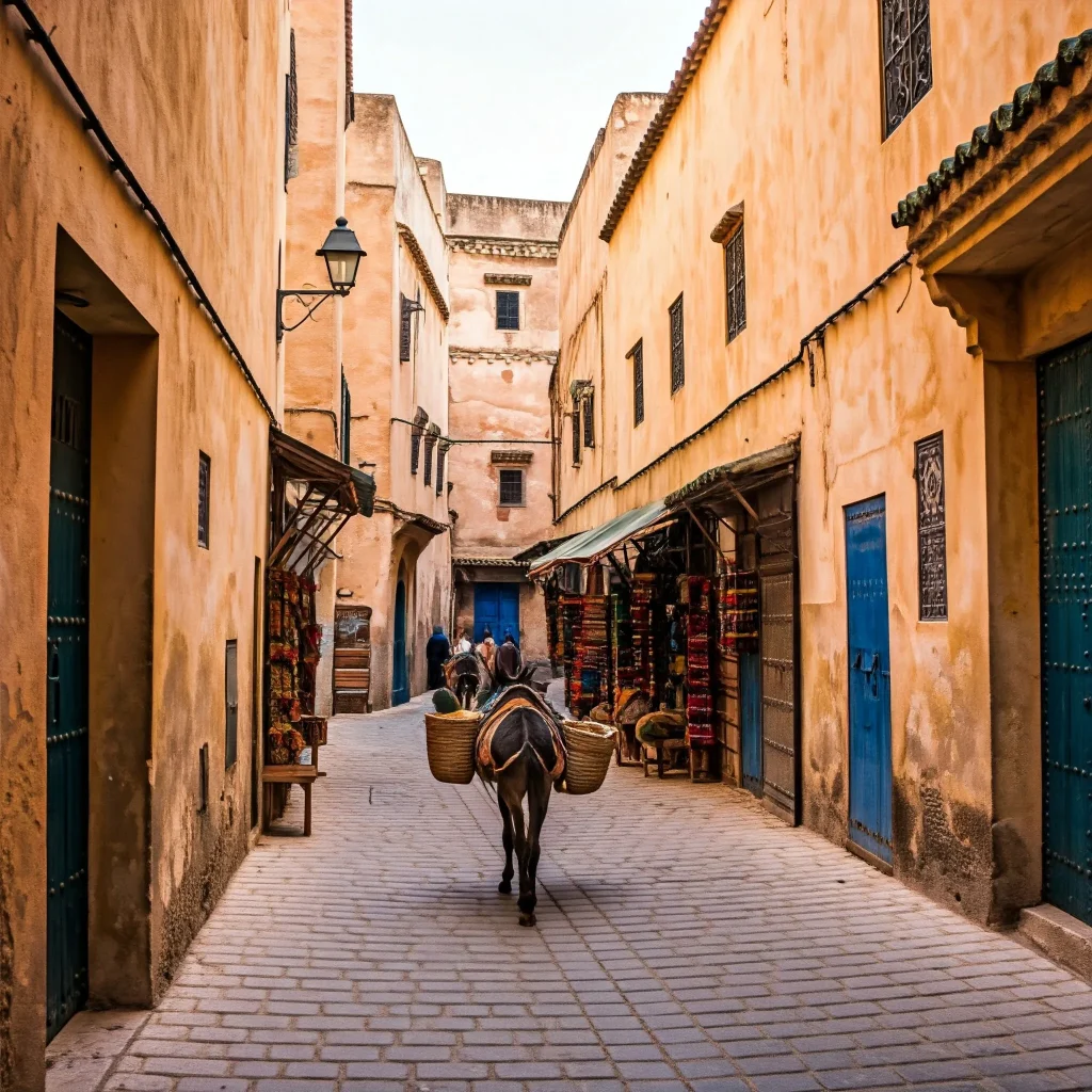 A narrow, winding street in the heart of the bustling Medina, its cobblestones worn smooth by centuries of foot traffic. Tall, ancient buildings with ornate wooden balconies tower over the lively street, their facades adorned with intricate designs. Merchants display their wares in vibrant, colorful stalls, calling out to passersby. Donkeys, laden with baskets filled with produce and goods, trot along the street, their jingling bells echoing through the narrow alley.