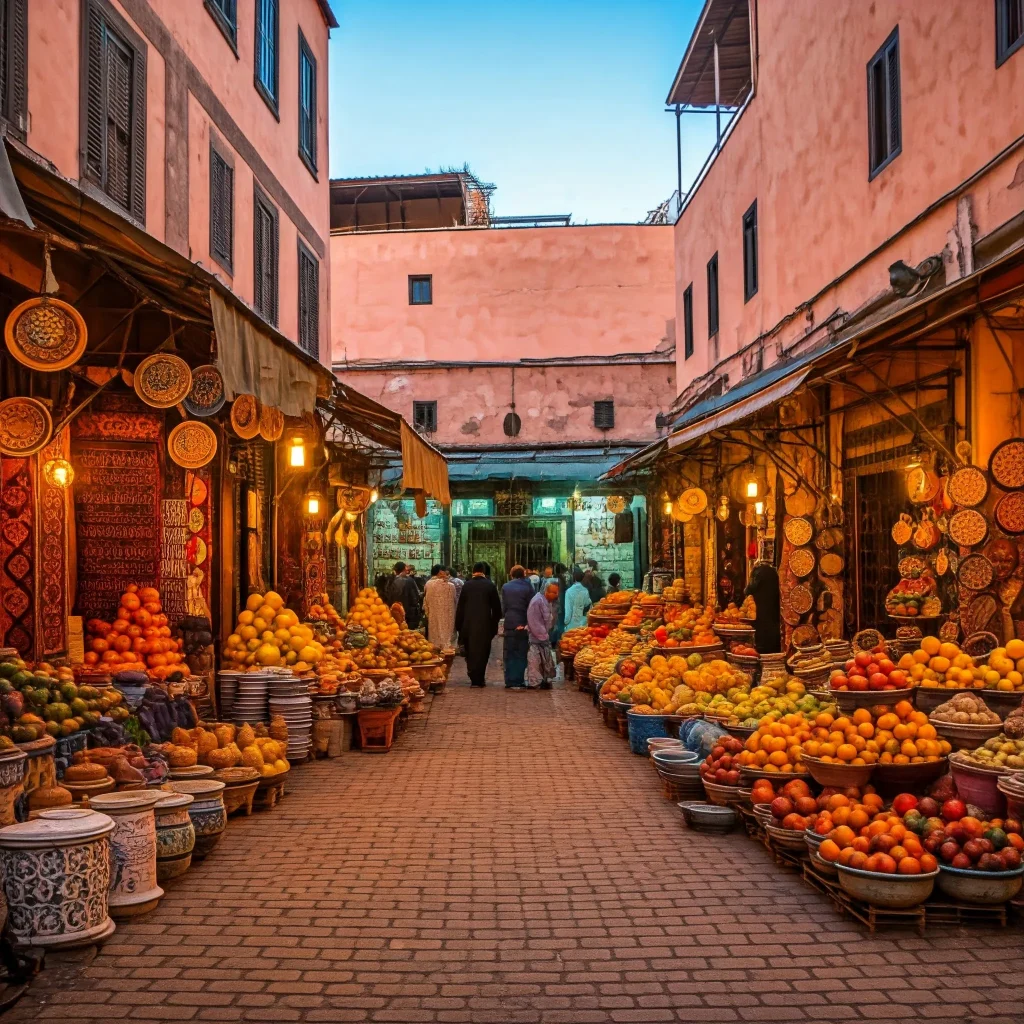 A bustling Marrakech market, filled with vibrant stalls showcasing handcrafted pottery, embroidered carpets, and brightly colored fruits, energetic vendors enthusiastically shouting over the din.